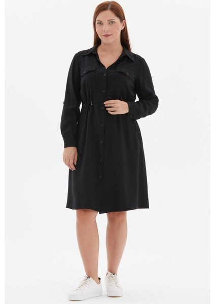 Büyük Beden Beli Büzgülü Dıştan Cep Gömlek Elbise