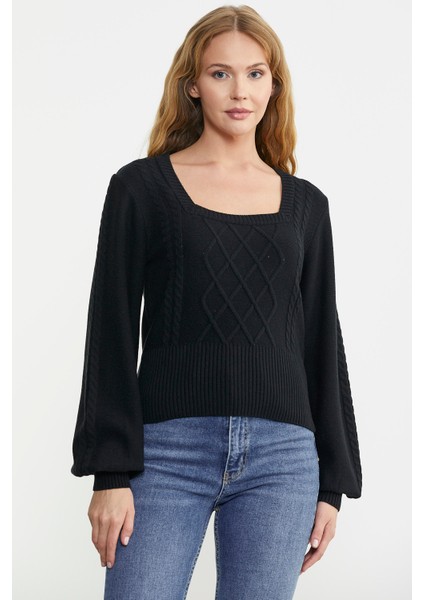 Kare Yaka Geniş Kol Triko Kazak - Siyah