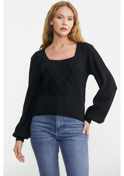 Kare Yaka Geniş Kol Triko Kazak - Siyah modelleri