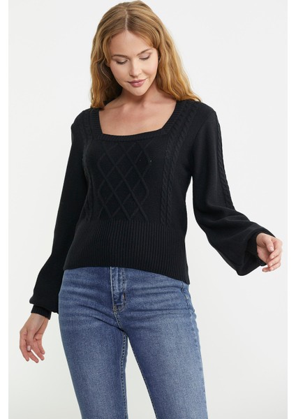 Kare Yaka Geniş Kol Triko Kazak - Siyah fırsatları