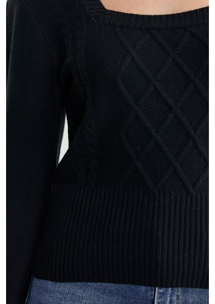 Kare Yaka Geniş Kol Triko Kazak - Siyah indirimleri