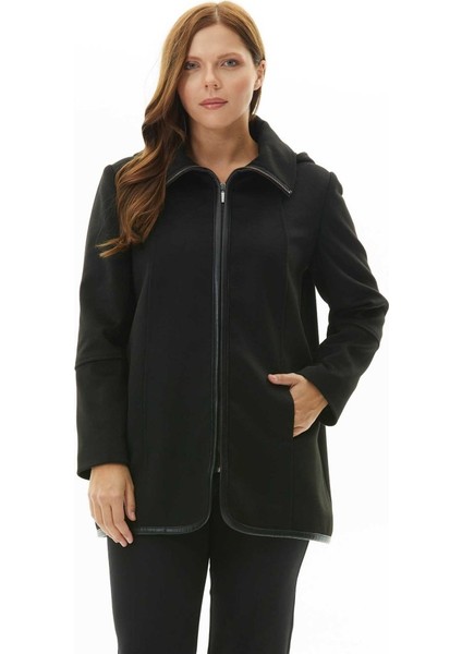 Büyük Beden Önü Fermuarlı Deri Biyeli Kaban