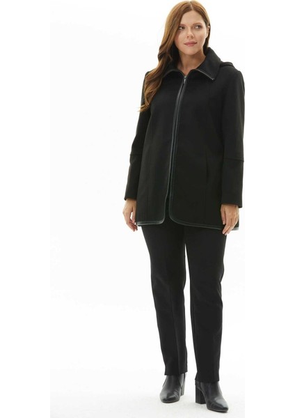 Büyük Beden Önü Fermuarlı Deri Biyeli Kaban fiyatları