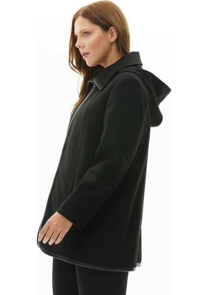 Büyük Beden Önü Fermuarlı Deri Biyeli Kaban modelleri