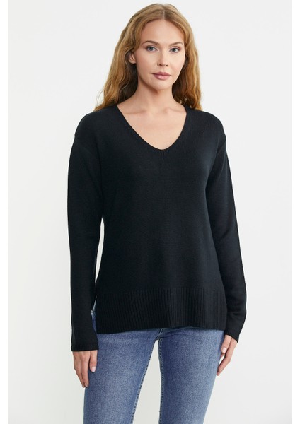 Salaş V Yaka Basic Triko Kazak - Siyah