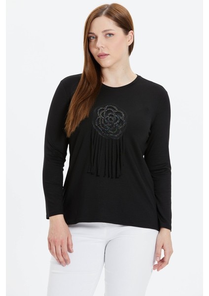 Büyük Beden Taşlı Çiçek Aksesuarlı Penye Bluz