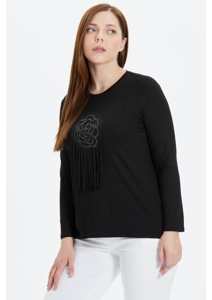 Büyük Beden Taşlı Çiçek Aksesuarlı Penye Bluz fiyatları