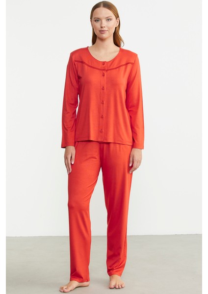 Düğme Kapamalı Rahat Kalıp Pijama Takım - Mercan