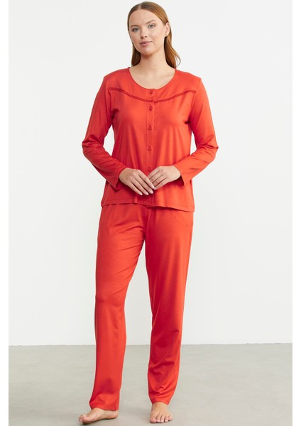 Düğme Kapamalı Rahat Kalıp Pijama Takım - Mercan modelleri
