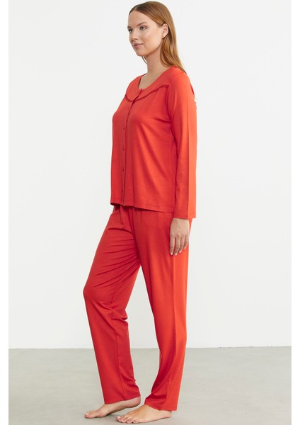 Düğme Kapamalı Rahat Kalıp Pijama Takım - Mercan indirimleri