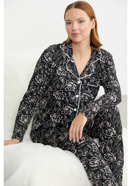 Gömlek Yaka Düğmeli Pijama Takım - Siyah