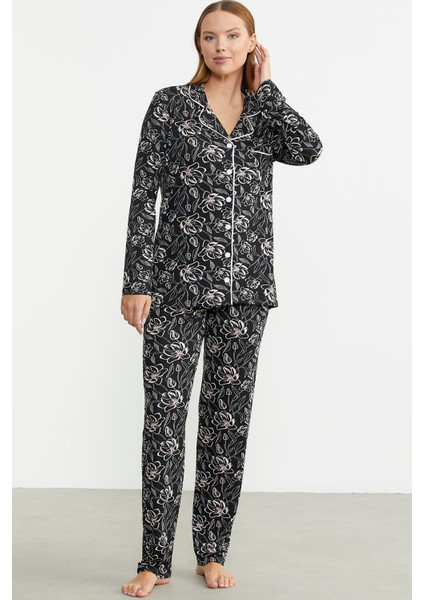 Gömlek Yaka Düğmeli Pijama Takım - Siyah modelleri