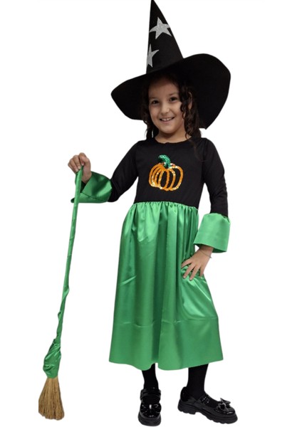 Kız Çocuk Halloween Yeşil Siyah Cadı Elbise Kostüm Fuuny Spooky Cadılar Bayramı