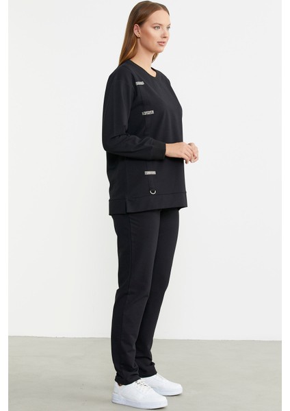 Taş Detaylı Sıfır Yaka Eşofman Takım - Siyah indirimleri