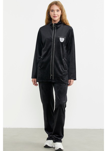 Kadife Dik Yaka Tunik Eşofman Takım - Siyah