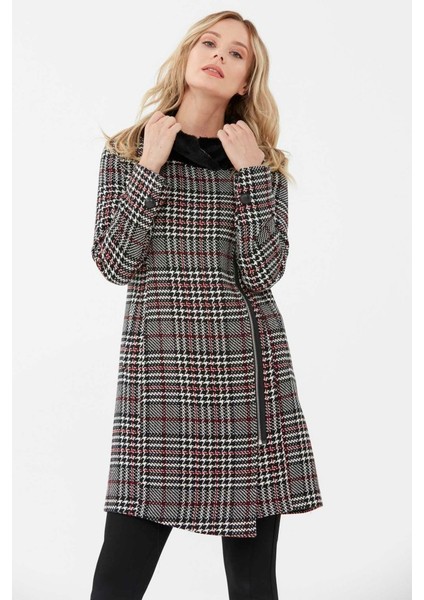 Kruvaze Yandan Fermuarlı Kürklü Ekose Kaban fiyatları