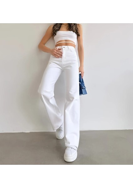 2020 Kadın Likrasız Palazzo Jeans Kot Denim Pantolon - Beyaz