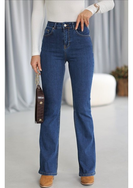 2046 Kadın Likralı Ispanyol Paça Jeans Kot Denim Pantolon - Koyu Mavi