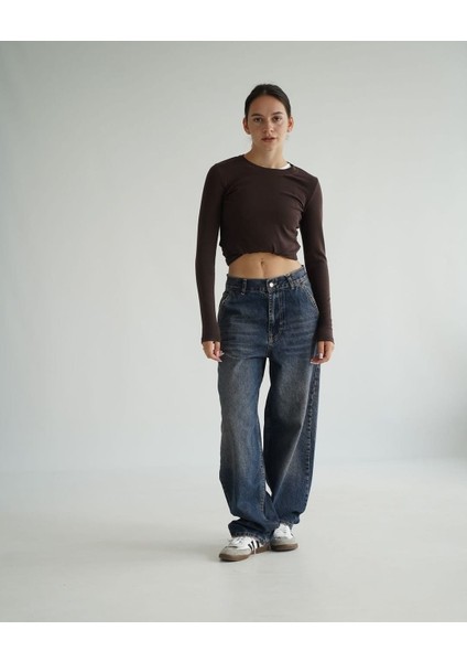 2410-PTNC Kadın Likrasız Skater Patenci Jeans Kot Denim Pantolon - Koyu Mavi