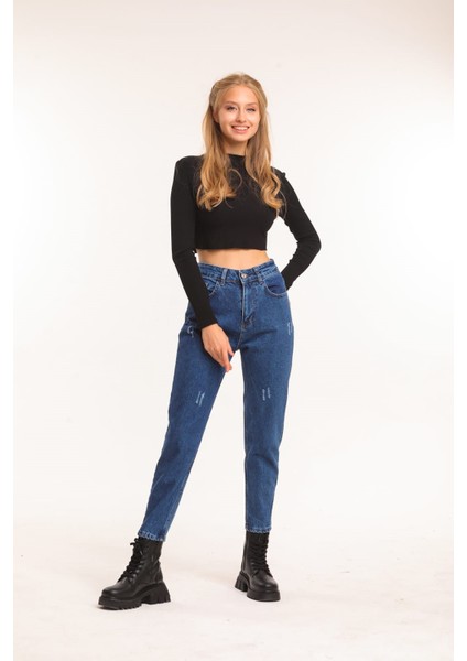 2006 Kadın Likrasız Mom Jeans Kot Denim Pantolon - Mavi