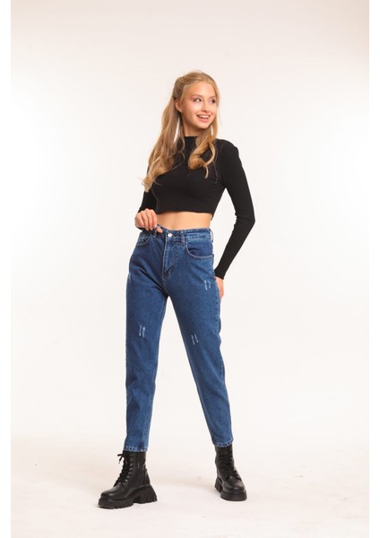 2006 Kadın Likrasız Mom Jeans Kot Denim Pantolon - Mavi