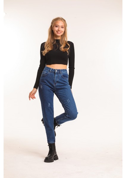 2006 Kadın Likrasız Mom Jeans Kot Denim Pantolon - Mavi