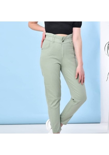 2004 Kadın Likrasız Gabardin Beli Lastikli Jeans Kot Denim Pantolon - Yeşil modelleri