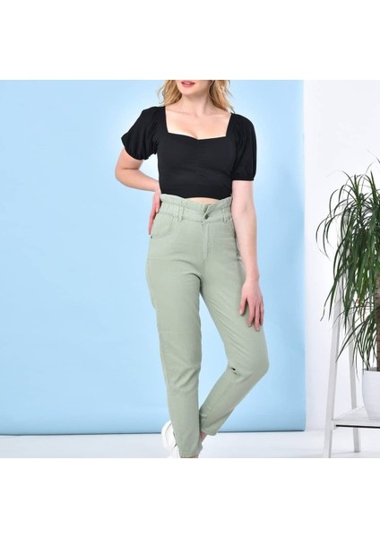 2004 Kadın Likrasız Gabardin Beli Lastikli Jeans Kot Denim Pantolon - Yeşil fırsatları