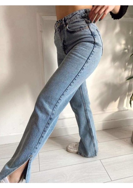 2035 Kadın Likralı Yanı Yırtmaçlı Bol Paça Jeans Kot Denim Pantolon - Kar