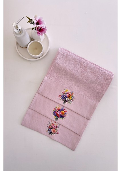 3'lü baskılı mutfak havlu takımı - pembe el havlusu seti - ekstra yumuşak - 30x50 cm - çiçek bahçesi