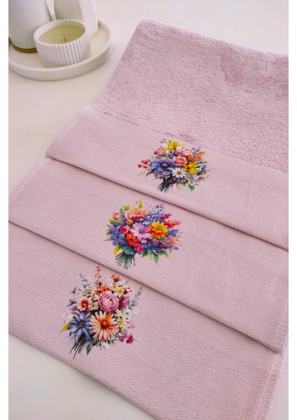 3'lü baskılı mutfak havlu takımı - pembe el havlusu seti - ekstra yumuşak - 30x50 cm - çiçek bahçesi