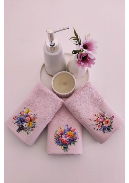 3'lü baskılı mutfak havlu takımı - pembe el havlusu seti - ekstra yumuşak - 30x50 cm - çiçek bahçesi