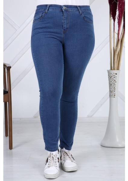 2039 Kadın Likralı Slim Fit Büyük Beden Jeans Kot Denim Pantolon - Mavi