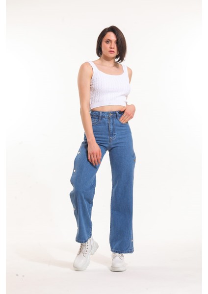 Pass&pass 2069 Kadın Likrasız Yandan Çıtçıtlı Bol Paça Jeans Kot Denim Pantolon - Mavi fiyatları