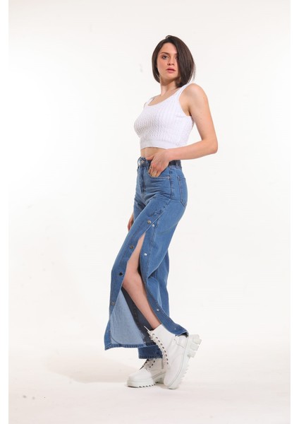 Pass&pass 2069 Kadın Likrasız Yandan Çıtçıtlı Bol Paça Jeans Kot Denim Pantolon - Mavi modelleri
