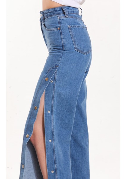 Pass&pass 2069 Kadın Likrasız Yandan Çıtçıtlı Bol Paça Jeans Kot Denim Pantolon - Mavi fırsatları
