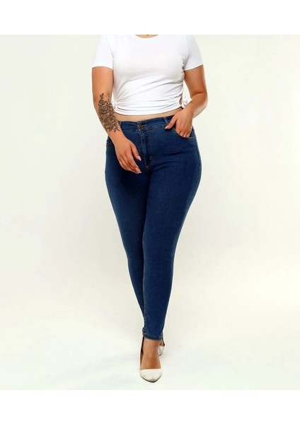 2039 Kadın Likralı Slim Fit Büyük Beden Jeans Kot Denim Pantolon - Koyu Mavi
