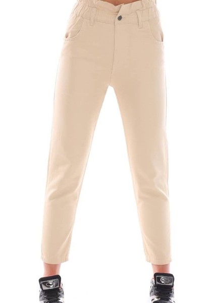 2004 Kadın Likrasız Gabardin Beli Lastikli Jeans Kot Denim Pantolon - Bej modelleri