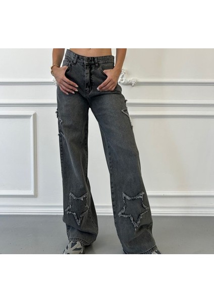 2424 Kadın Yıldız Detaylı Baggy Jeans Kot Denim Pantolon - Gri