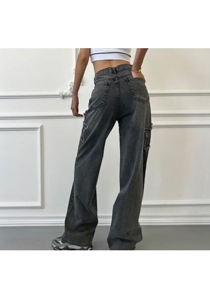 2424 Kadın Yıldız Detaylı Baggy Jeans Kot Denim Pantolon - Gri