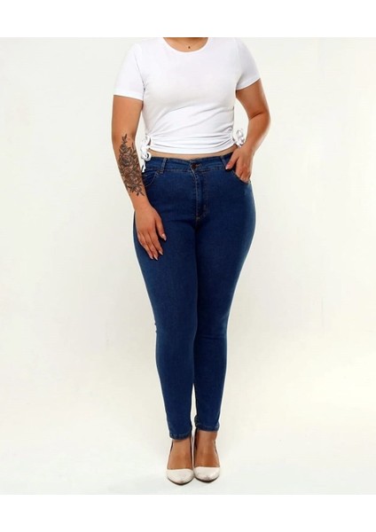 2039 Kadın Likralı Slim Fit Büyük Beden Jeans Kot Denim Pantolon - Koyu Mavi fırsatları