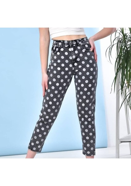 2006-PUA Kadın Likrasız Puantiyeli Mom Jeans Kot Denim Pantolon - Siyah fiyatları