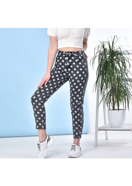 2006-PUA Kadın Likrasız Puantiyeli Mom Jeans Kot Denim Pantolon - Siyah modelleri