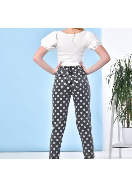 2006-PUA Kadın Likrasız Puantiyeli Mom Jeans Kot Denim Pantolon - Siyah fırsatları