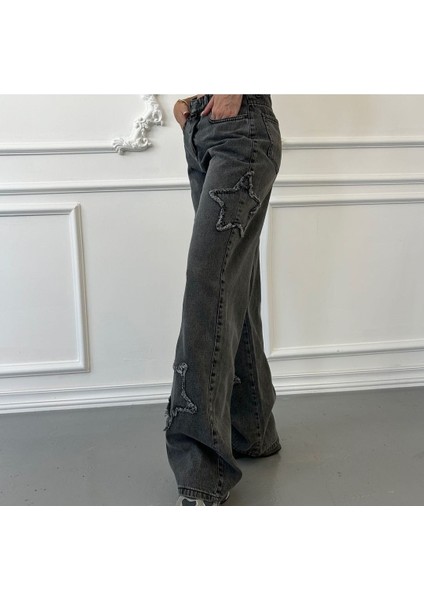 2424 Kadın Yıldız Detaylı Baggy Jeans Kot Denim Pantolon - Gri