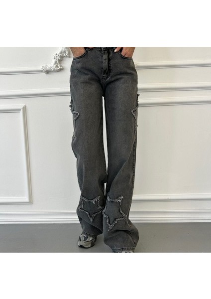 2424 Kadın Yıldız Detaylı Baggy Jeans Kot Denim Pantolon - Gri
