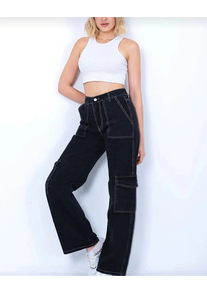 2090 Kadın Likrasız Kargo Cepli Bol Paça Jeans Kot Denim Pantolon - Siyah Beyaz