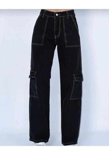 2090 Kadın Likrasız Kargo Cepli Bol Paça Jeans Kot Denim Pantolon - Siyah Beyaz modelleri