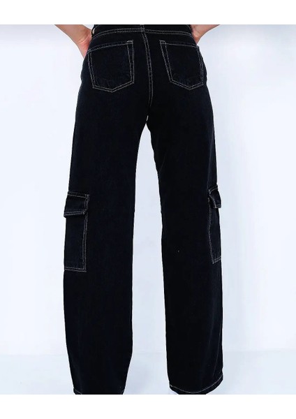 2090 Kadın Likrasız Kargo Cepli Bol Paça Jeans Kot Denim Pantolon - Siyah Beyaz fırsatları
