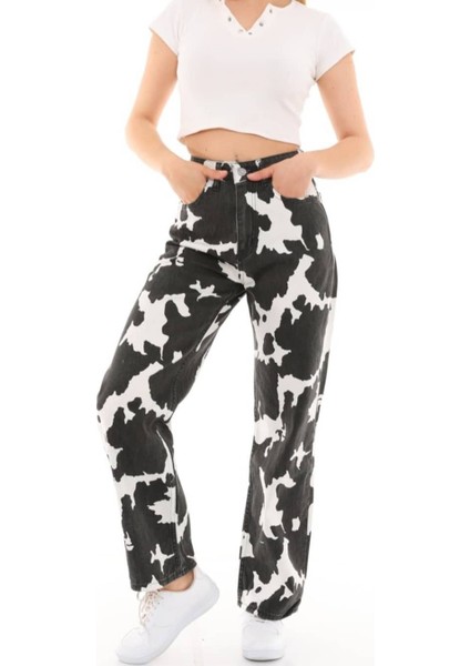 Pass&pass 2036 Kadın Dalmaçyalı Desenli Jeans Kot Denim Pantolon - Siyah Beyaz